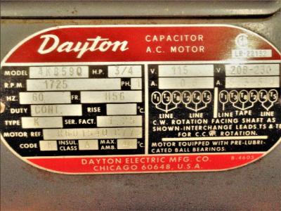 Dayton Motor Data Plate View Dayton 3/4 HP 4K859Q AC Motor