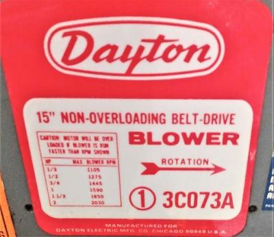 Blower Data Plate View Dayton 3C073A 3 HP Blower