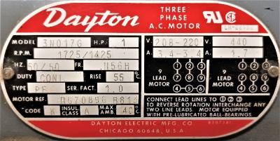Motor Data Plate View Dayton 3N017G 1 HP AC Motor