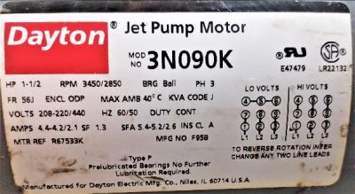 Motor Data Plate View Dayton 3N090K 1.5 HP Jet Pump Motor