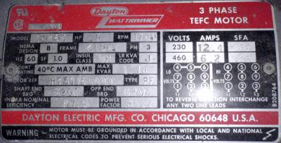 Dayton 3N464 5hp Wattrimmer Motor label