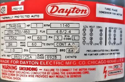 Motor Data Plate View Dayton 3N469A 1 HP 3 Phase Compressor Fan Motor