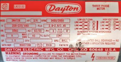 Motor Data Plate View Dayton 3N472B 0.75 HP Motor