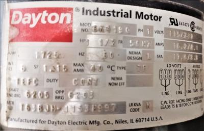 Dayton Motor Data Plate View Dayton 4C119 1.5 HP Blower