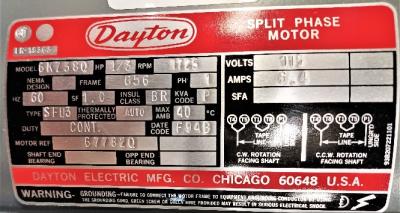 Motor Data Plate View Dayton 4C133A .25 HP Fan