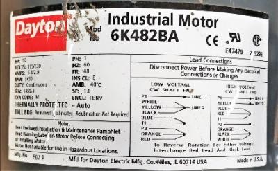 Motor Data Plate View Dayton 6K482BA AC Motor