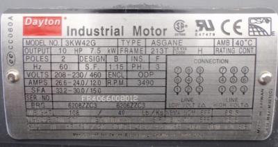 Dayton Model 3KW42G 10 HP Industrial motor data plate
