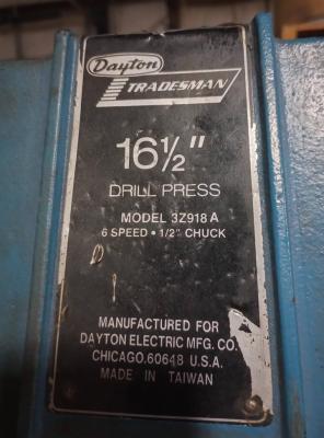 Dayton Tradesman Drill Press data plate