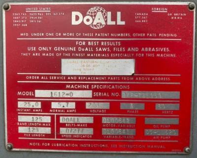 DoAll Model 1612-0 Vertical Band Saw