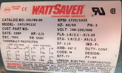 WattSaver Motor Data Plate View Dyco 8 Foot Long Flat Conveyor