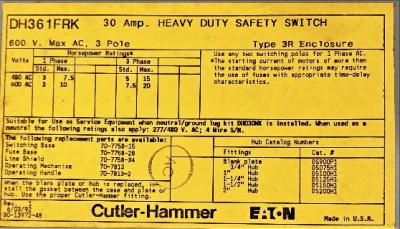 Heavy Duty Safety Switch Data Plate View Eaton Cutler-Hammer DH361FRK Heavy Duty Safety Switch