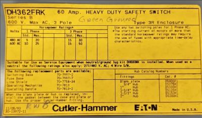 Heavy Duty Safety Switch Data Plate View Eaton Cutler-Hammer DH362FRK Heavy Duty Safety Switch