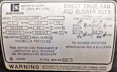 Motor Data Plate View Emerson C63CXFBD-3904 1 HP Blower