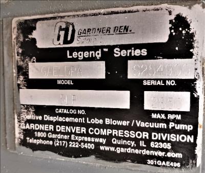 Gardner Den Legend Series Pump Data Plate View Foremost 25 HP Vacuum Pump