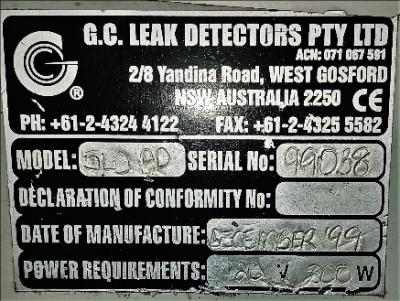 Leak Detector Data Plate View G.C. 5LD-DD Single Head Leak Detector