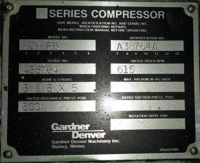  Gardner Denver 125 HP Air Compressor Data Plate