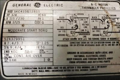 Motor Data Plate View General Electric .75 HP Motor