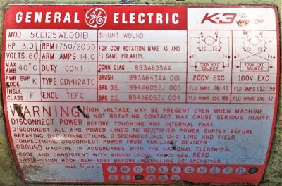 D/C Motor Data Plate View General Electric 3 HP K-3 DC Shunt Wound Motor