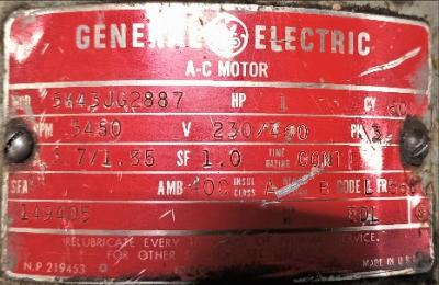 Motor Data Plate View General Electric 5M43JG2887 1 HP Motor