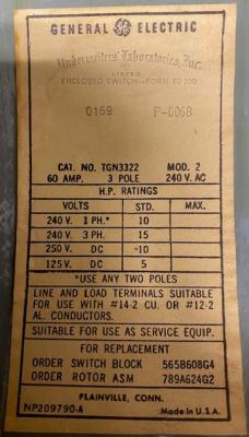 General Electric TGN3322 Model 2 Enclosed Safety Switch
