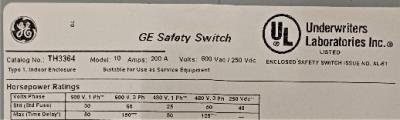 Safety Switch Data Plate View General Electric TH3364 Heavy Duty Safety Switch