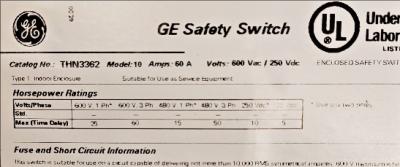 Safety Switch Data Plate View General Electric THN3362 Heavy Duty Safety Switch