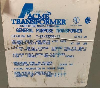 Hubbell-Acme Electric T-2A-53309-1S General Purpose 6.0 kVA Transformer