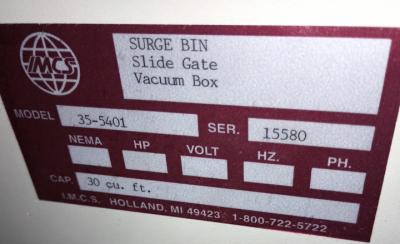 IMCS 30 Cubic Foot Surge Bin data tag