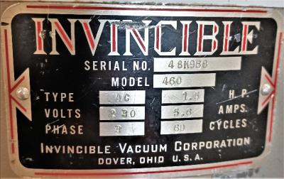 Portable Vacuum System Data Plate View Invincible 460 Portable Vacuum System