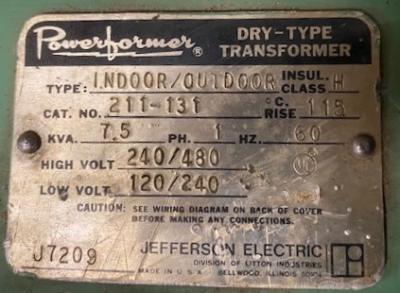 Jefferson Electric 211-131 Powerformer Dry Type Transformer
