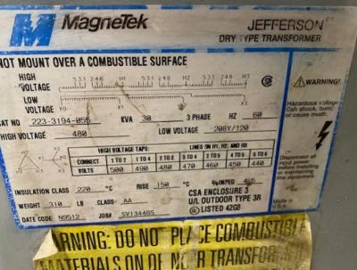 Jefferson Electric 223-3194-055 Magentek Dry Type Transformer