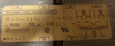 Jefferson Electric 636-1191 Machine Tool Transformer