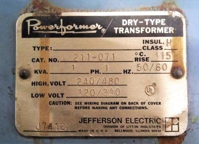Jefferson Electric Powerformer 1 KVA Transformer
