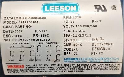 Motor Data Plate View Leeson 1/2 HP Motor With Baldor Gear Box