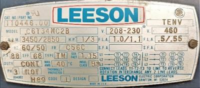 Motor Data Plate View Leeson 1/3 HP C6T34MC2B Motor
