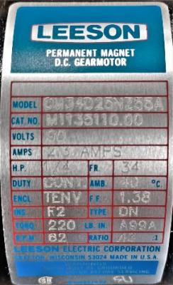 Motor Data Plate View Leeson CM34D25NZ55A 0.25 HP DC Gear Motor