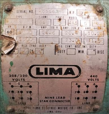 Lima Motor Data Plate View Lima 7.5 HP Motor