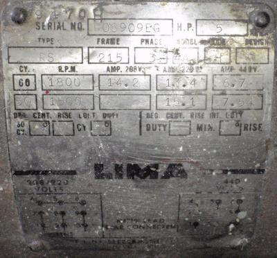 Lima 4A, 5 HP 3 phase AC motor data plate