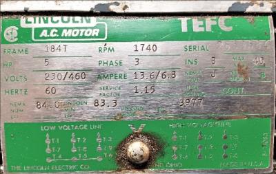 Motor Data Plate View Lincoln 5 HP AC Motor