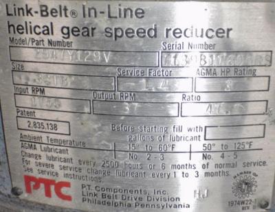 Link Belt In-line Helical Gear Speed Reducer 2947Y129V plate