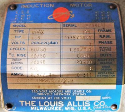 Motor Data Plate View Louis Allis 1.5 HP Induction Motor