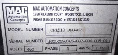 MAC CP1513 .75 HP Blower Data Plate