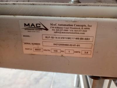 MAC 196" long flat conveyor data plate