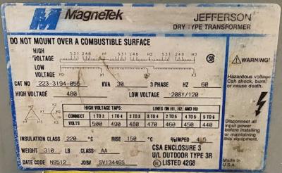 Magnetek-Jefferson 223-3194-055 30 kVA Dry Type Transformer