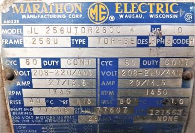 Motor Data Plate View Marathon Electric IL256UTDR26CC 10 HP Motor