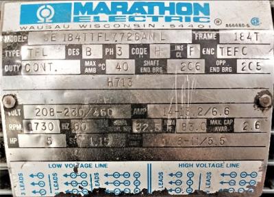 Motor Data Plate View Marathon Electric SE184TTFL7726AN 5 HP Motor