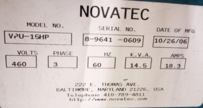 Novatec VPU-15HP Vacuum Pump data tag
