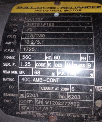 EMI 9 ft. Long Incline Conveyor motor data plate