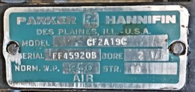 Pneumatic Cylinder Data Plate View Parker-Hannifin CF2A19C Pneumatic Cylinder