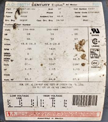 A.O. Smith Century Motor Data Plate View Polymer 20 HP Grinder